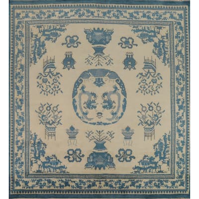 Hand Knotted Oriental 100% Wool Carpet Traditional Geometric Beige & Ivories Art Deco Area Rug - 7' 11'' X 8' 1''