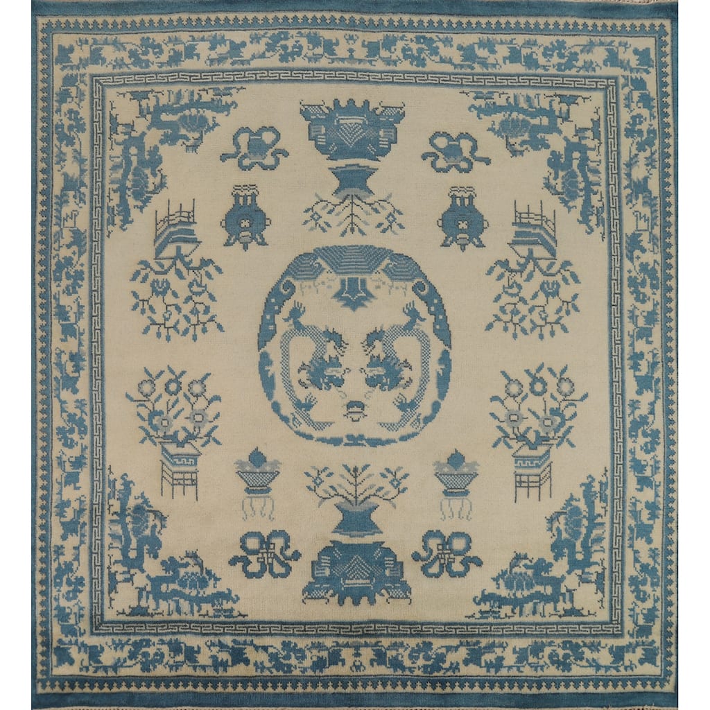 Hand Knotted Oriental 100% Wool Carpet Traditional Geometric Beige & Ivories Art Deco Area Rug - 7' 11'' X 8' 1''