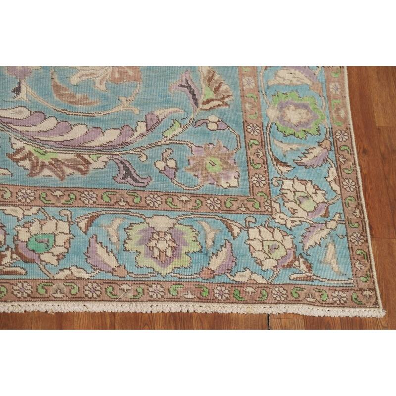 All-Over Blue Floral Tabriz Persian Area Rug Hand-Knotted Wool Carpet - 6'9"x 9'8"