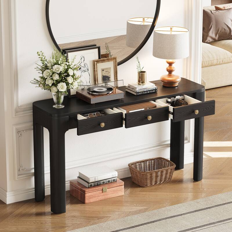 Console Table with Curved Corners for Safety, Entryway Table with 3 Concealed Drawers, Sturdy Sofa Table with Thick Legs