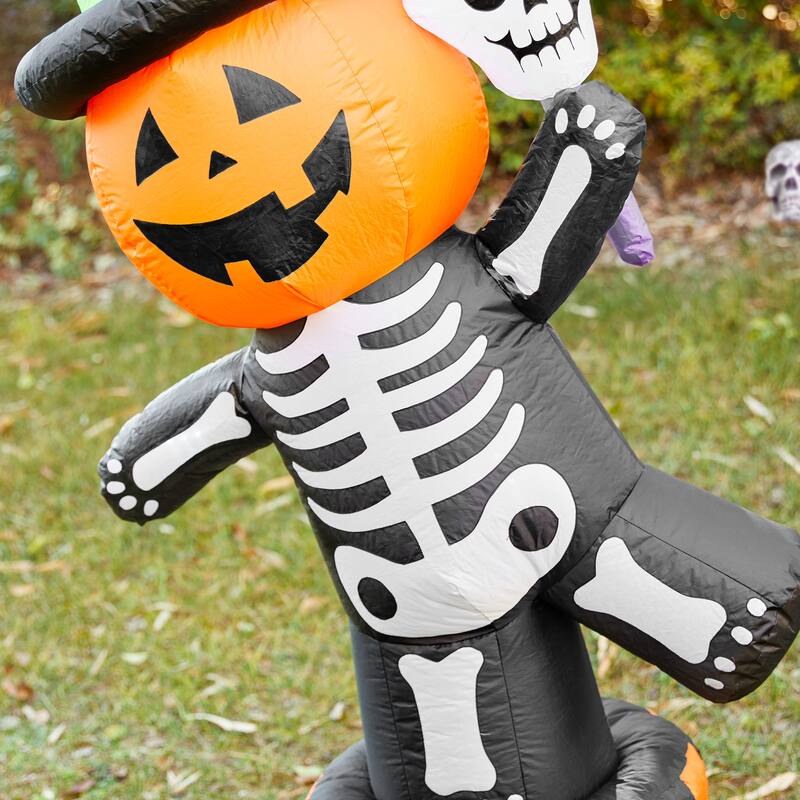 Glitzhome 6FT Lighted Halloween Jack-O-Lantern Skeleton Rotating Inflatable Decor
