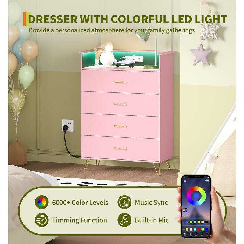 4-Drawer Dresser for Bedroom with Charging Station & RGB Lights