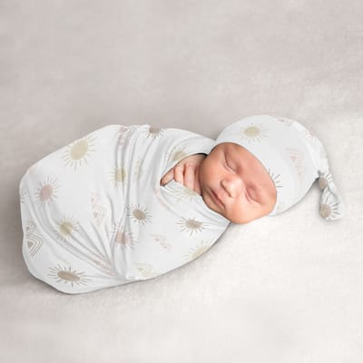 Boho Desert Sun Girl Baby Cocoon and Beanie Hat Sleep Sack - 2pc Set - Blush Pink Mauve Gold Taupe Bohemian Watercolor Mountains