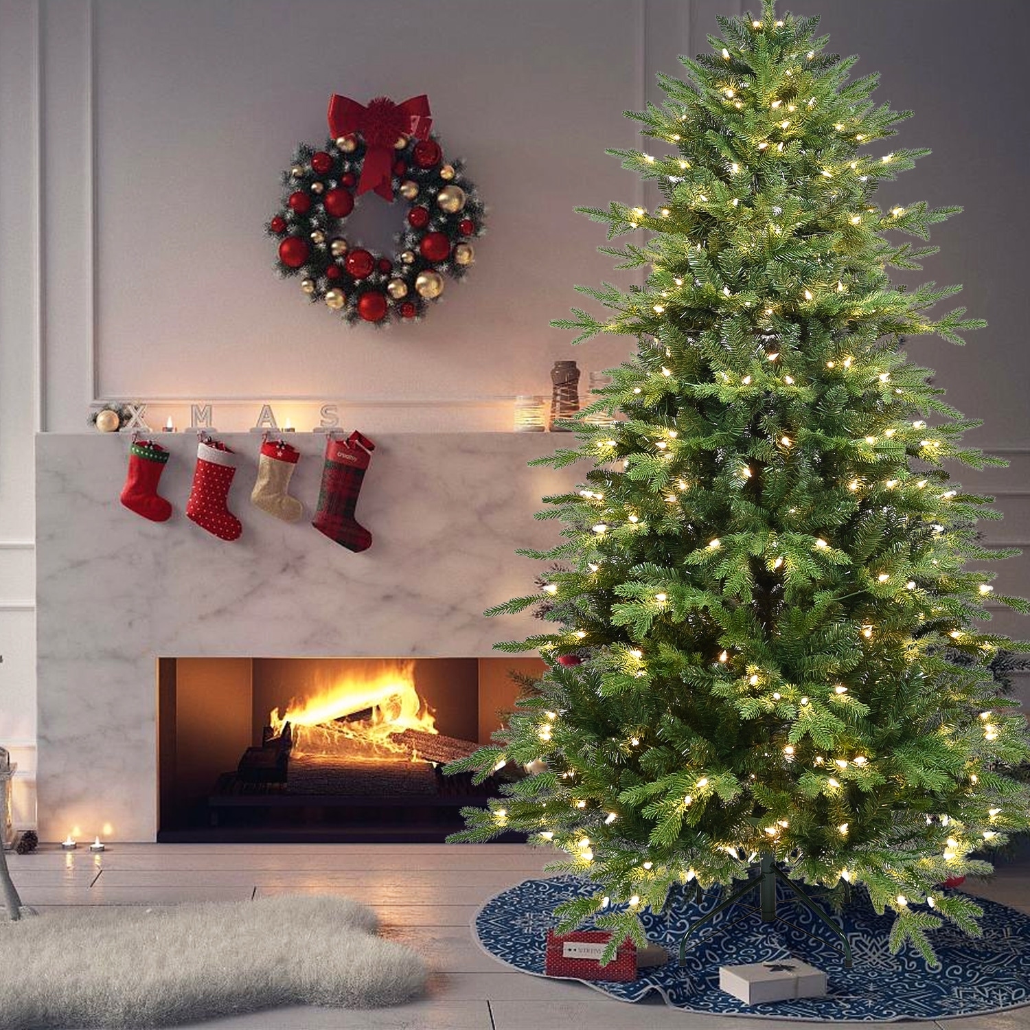 Pre-Lit Green Artificial Christmas Tree - UL Warm White Lights, PVC+PE Needles, Hinged Branches, Metal Stand