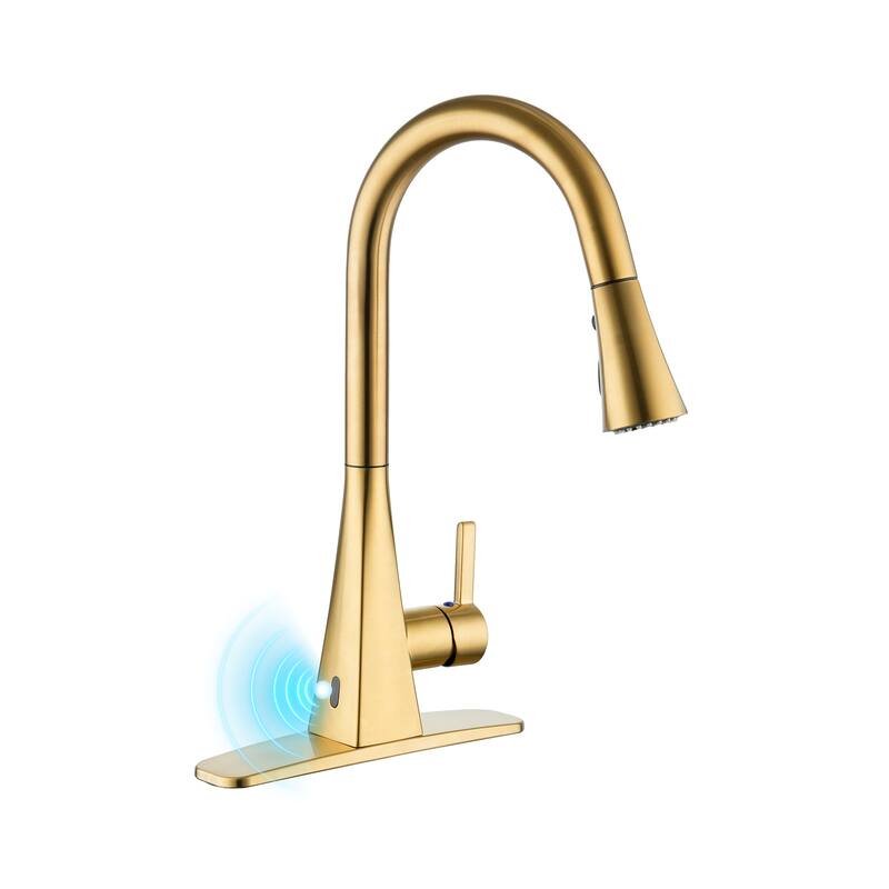 Smart Touchless Dual Sensor Pull Down Kitchen Faucet with Spout Swivel and 3 Function Sprayer - Brushed Gold