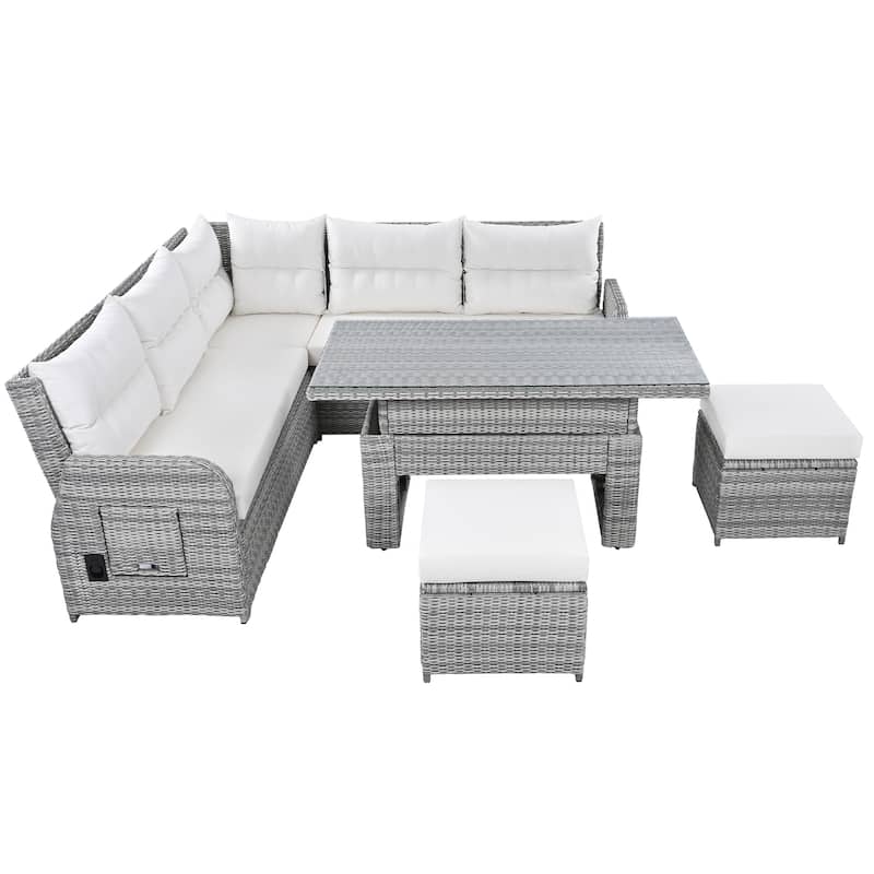 Outdoor Furniture Set Patio Rattan Furniture Set with an Adjustable Table, Recliners with Extendable Side Tables