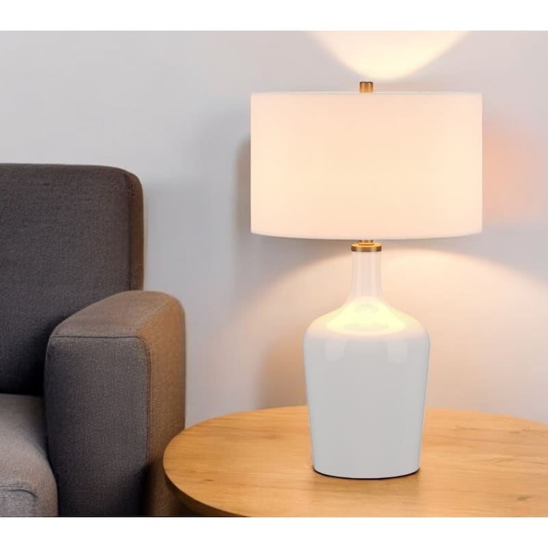 White Glass Urn Table Lamp with Linen Drum Shade and Rotary Switch - 15” x 15” x 25” (D x W x H)