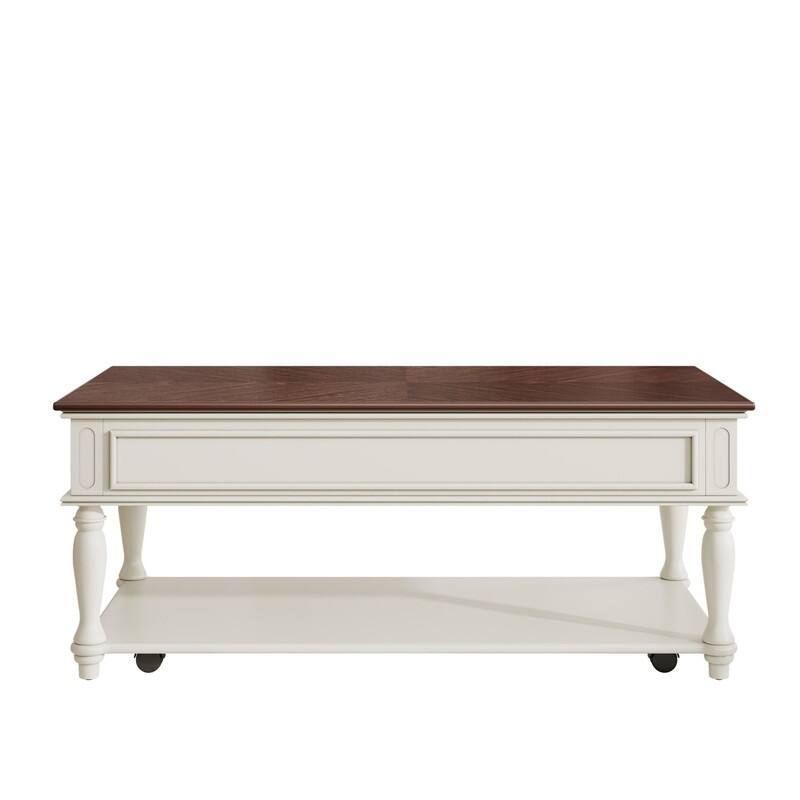 Farmhouse 47.2" Coffee Table with Drawer, Retro Design Easy Assembly and Movable Lockable Wheels for Living Room
