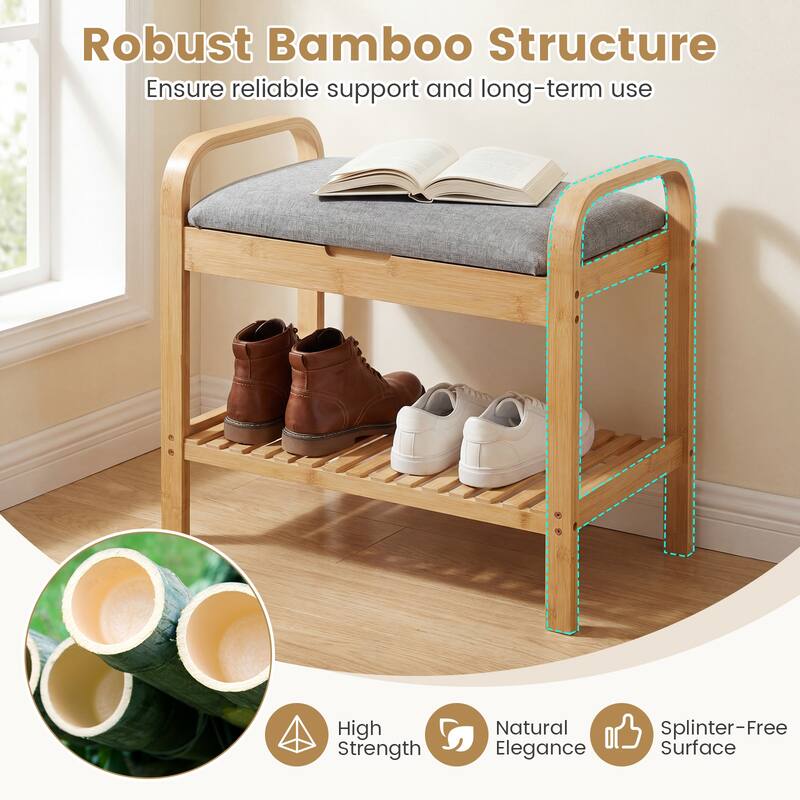 Gymax Shoe Rack Bench Bamboo W/Cushioned Seat&Storage Shelf Padded