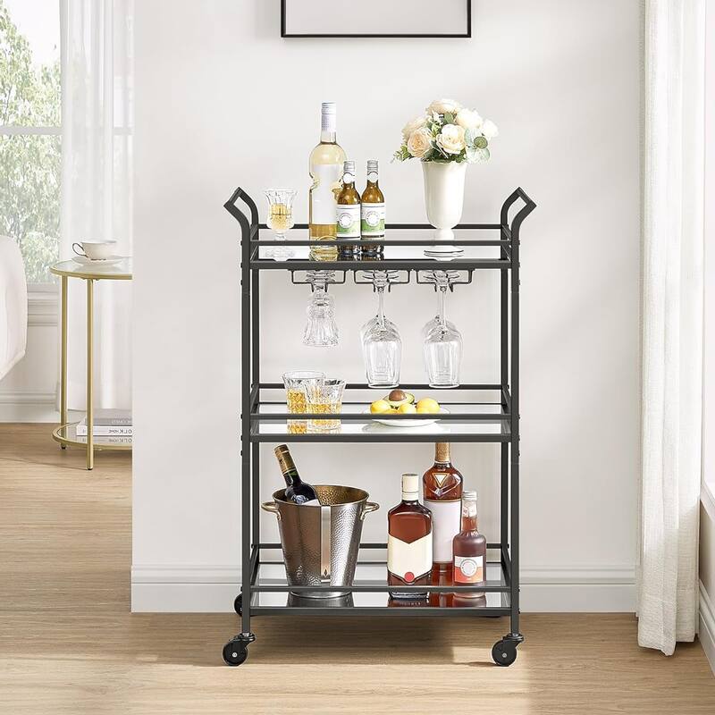 Home Bar Serving Cart with 3-Tier Shelf, Wine Holders, Glass Holders