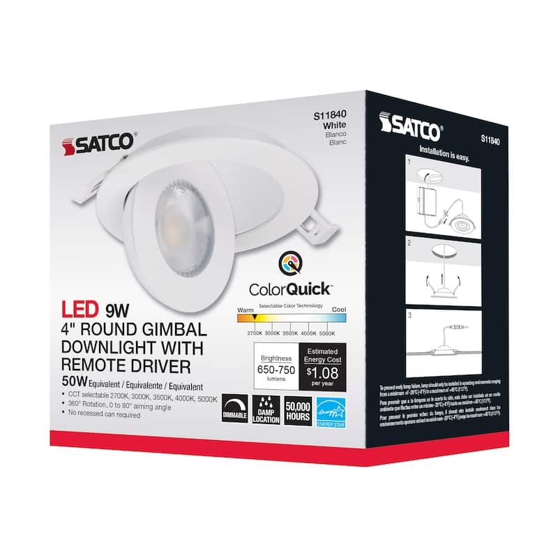 9 Watt CCT Selectable LED Direct Wire Downlight Gimbaled 4 Inch Round Remote Driver White