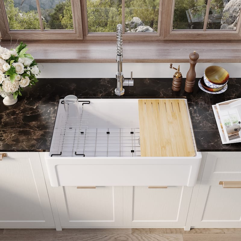 33 in. Farmhouse Double Bowl White Fireclay Workstation Kitchen Sink Drying Rack + Cutting Board + Bottom Grid & More