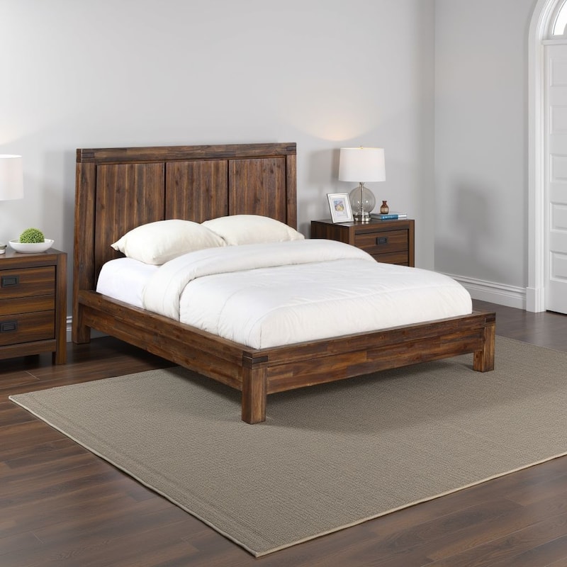 Gael Low Profile King Size Panel Bed, Rustic Aesthetic, Brown Acacia Wood