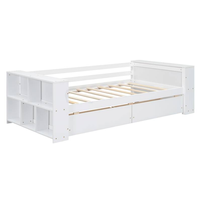 Twin Daybed with Built-In Storage Shelves and Drawers, Pine Wood Frame, Minimalist Design, Easy Assembly