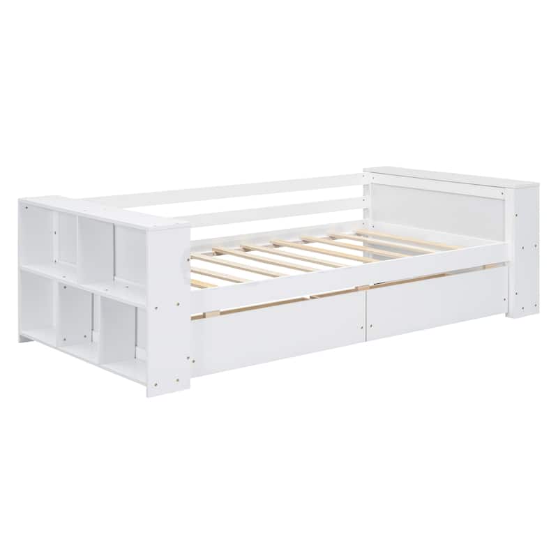 White Twin Size Daybed with Storage Shelves and Drawers