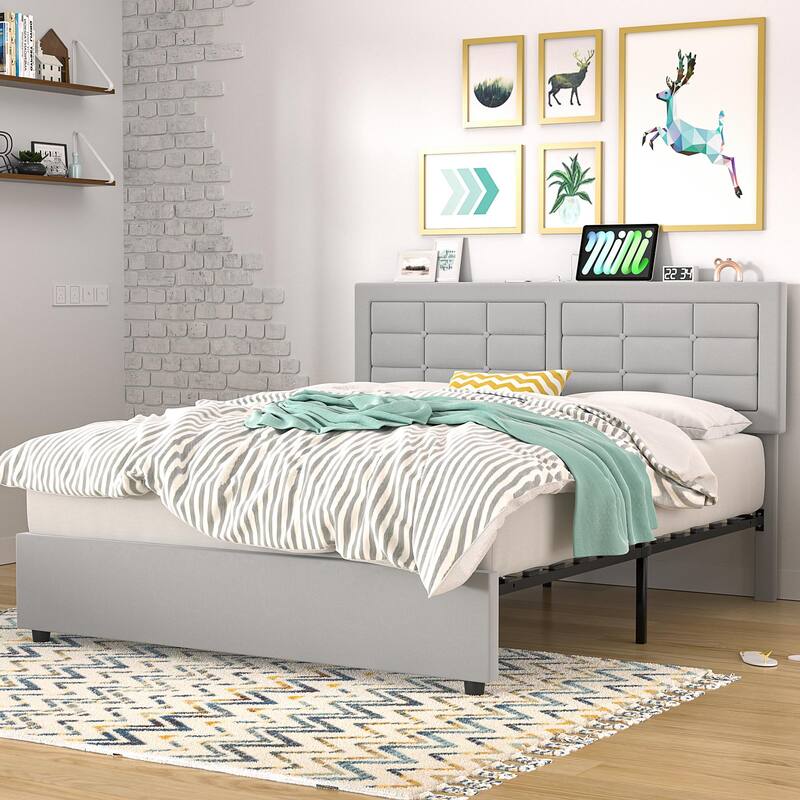 Javlergo Full Queen Size Bed Frame with USB Charging Station Adjustable Height Upholstered Headboard No Box Spring Needed