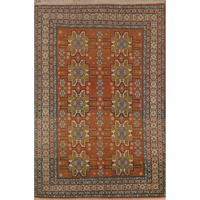 Hand Knotted Oriental 100% Wool Carpet Traditional Geometric Oranges & Rust Sumak Area Rug - 7' 6'' X 4' 10''