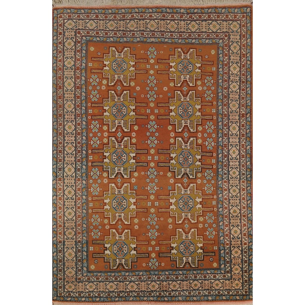 Hand Knotted Oriental 100% Wool Carpet Traditional Geometric Oranges & Rust Sumak Area Rug - 7' 6'' X 4' 10''