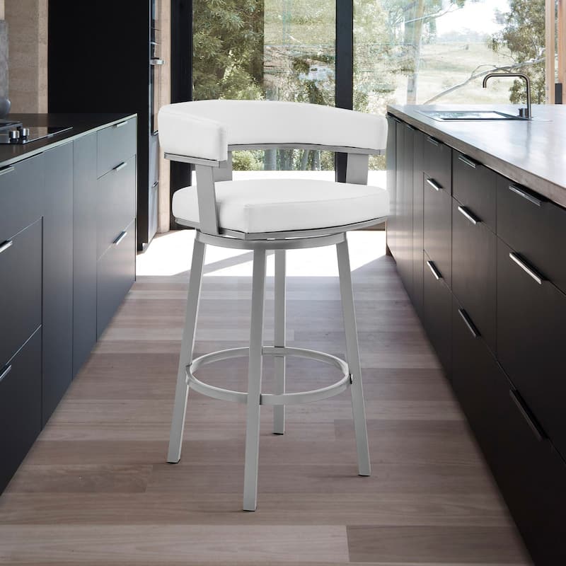 Cohen Modern Swivel Bar Stool, Upholstered Counter Chair with Metal Frame - White & Silver - Counter Height