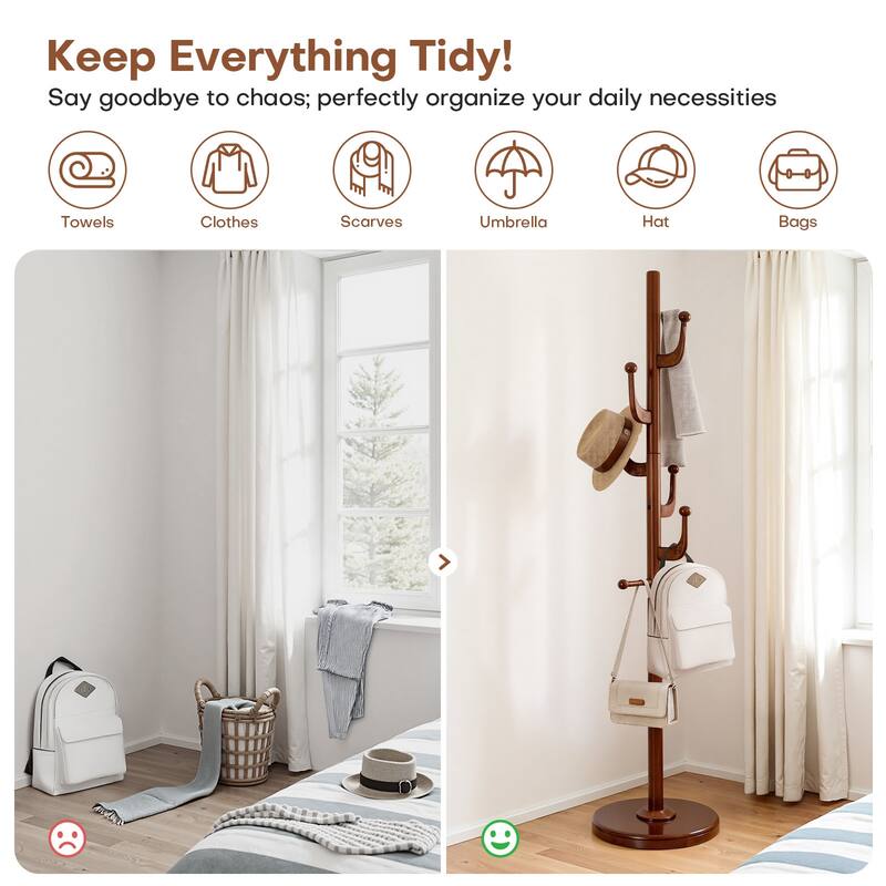 Rubberwood Freestanding Coat Rack Hanger with Hooks - 70.9"H/ 48"H x 15.8"W