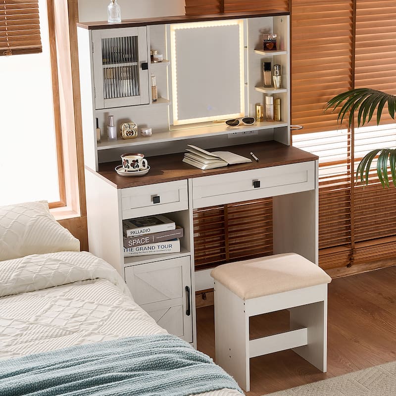 Rustic Makeup Vanity Desk with 3 Color Adjustable Touch Control Mirror, Built-in Power Outlets Dressing Table Set with Stool