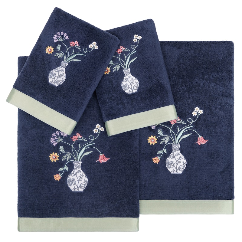 Authentic Hotel and Spa 100% Turkish Cotton Stella 4PC Embellished Towel Set - Marine