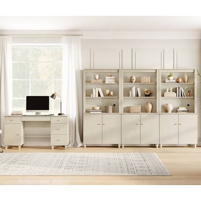 WAMPAT Home Office Furniture Set, 58" Executive Desk with Cabinet, 3-Column 71" Tall Bookcase with Doors and Adjustable Shelves