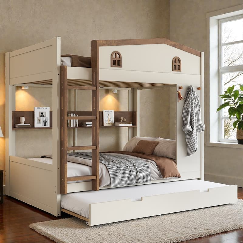Solid Wood Bunk Bed with Trundle and Storage Shelves, Full Over Full/Queen Over Queen Bunk Bed with Hooks