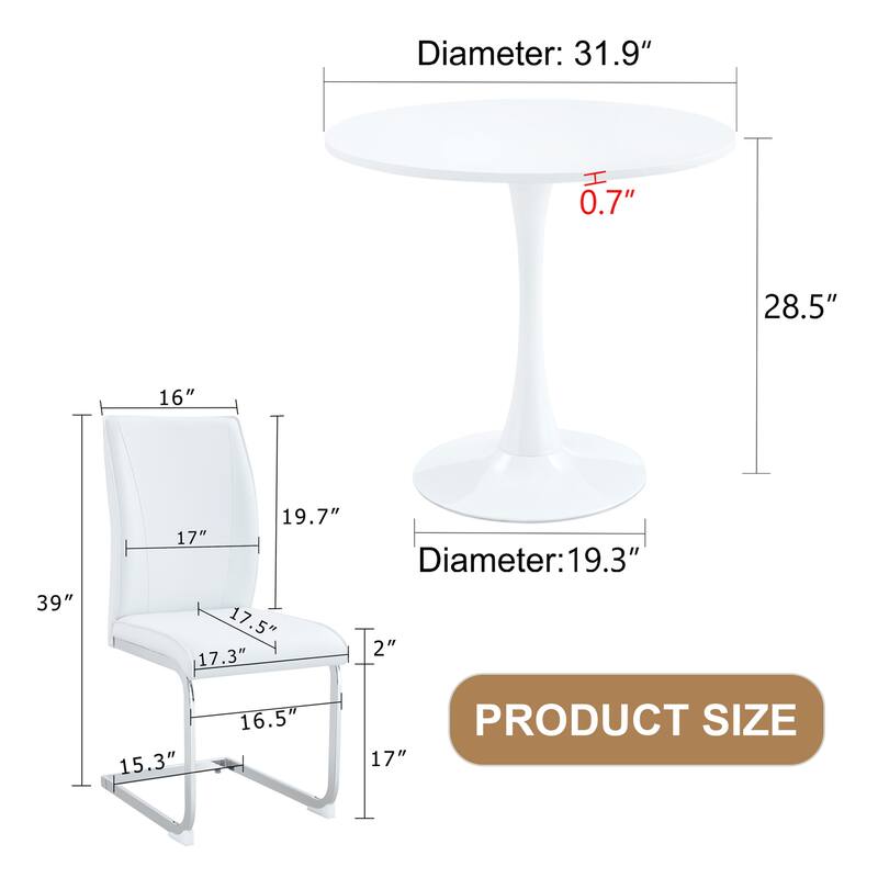 Modern Dining Table Set with Circular White Top, Ergonomic Arched Chairs, Hourglass Metal Legs, Anti-Slip Feet
