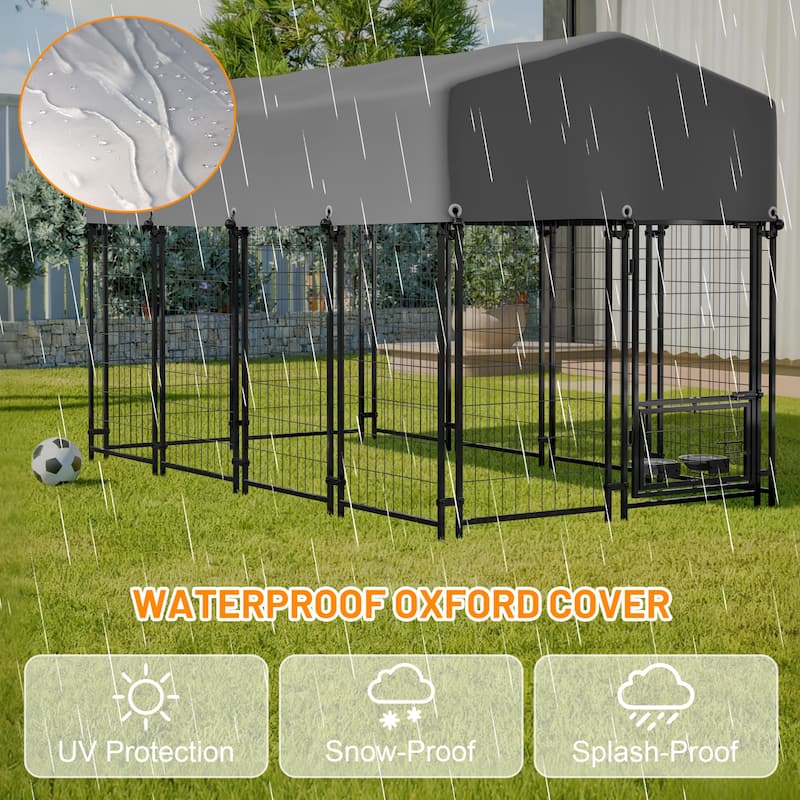 GDFStudio - Large Outdoor Heavy Duty Metal Dog Kennel with Roof, UV-Resistant Waterproof Cover, Double Lock & Rotating Feeder