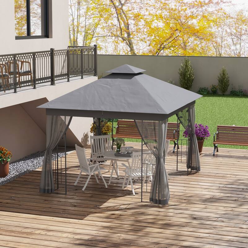 Outsunny 10' x 11.5' Metal Patio Gazebo, Double Roof Outdoor Gazebo Canopy Shelter with Tree Motifs Corner Frame and Netting - Grey