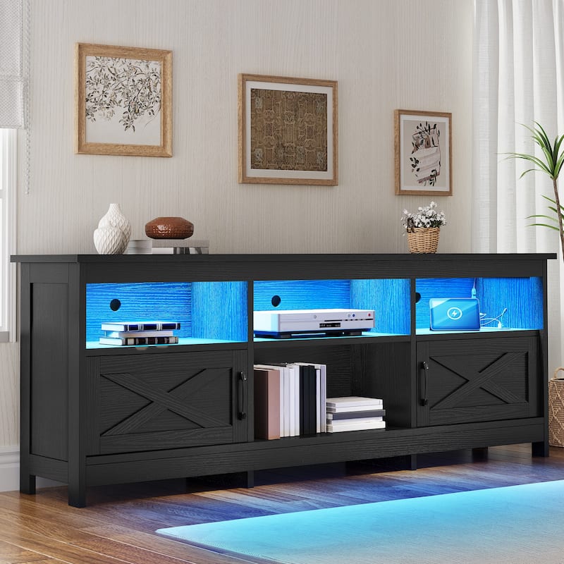Moasis 70"/59" Farmhouse TV Stand for 80"/65" TV with Outlet and Lights