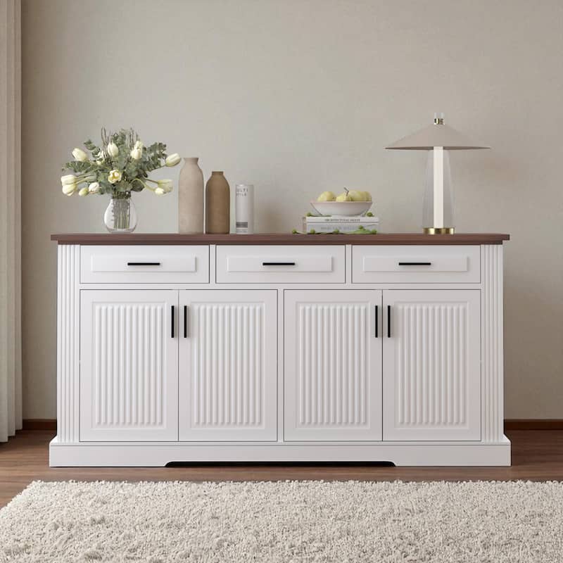 63" Fluted Sideboard Buffet Cabinet, Farmhouse Kitchen Storage Credenza with 4 Doors & 3 Drawers, Coffee Bar Console Table - White