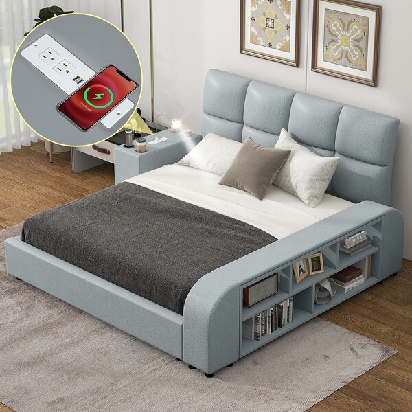 Queen Size Platform Bed with Nightstandand,Cup Holders,Bluetooth