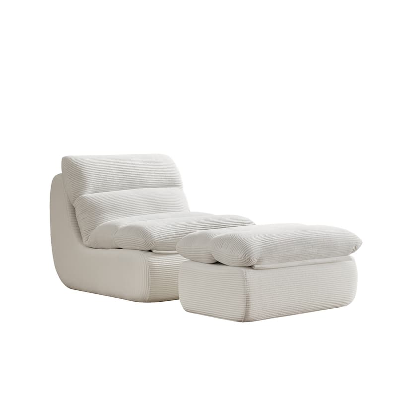 White Corduroy Lounge Chair with Ottoman and High-Density Foam Seat - 31.89" x 39.72" x 29.53"