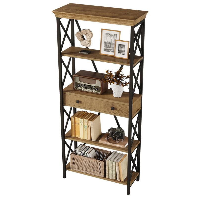 70.9" Tall Bookshelf with Drawers, Wood Metal Bookcase with Storage