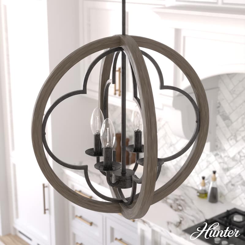 Hunter 19" Gablecrest 4-Light Pendant - Kitchen Island, Dining Room, Entry - Modern Farmhouse, French Country, Distressed - French Oak and Rustic Iron