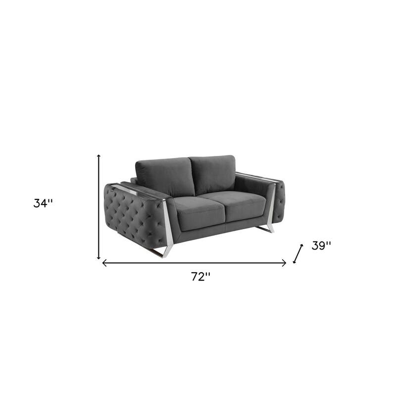 HomeRoots 72" Dark Gray And Silver Velvet Loveseat
