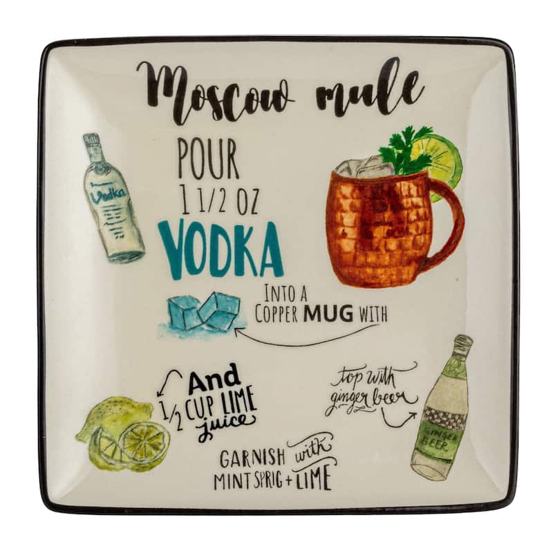 Stoneware Plate Set with Cocktail Recipes Design - 6.0"L x 6.0"W x 0.5"H