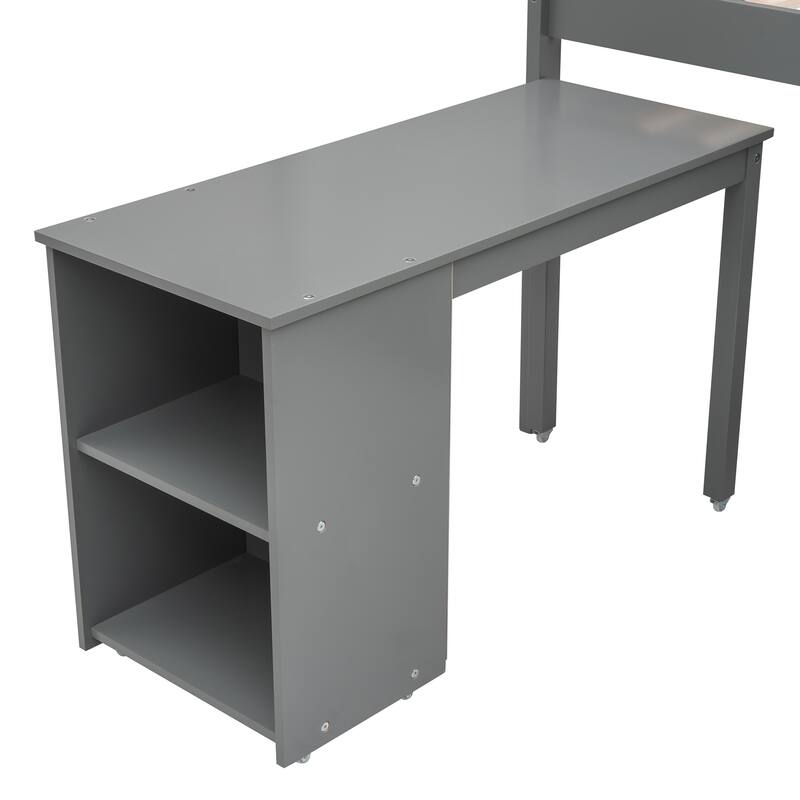 Compact Twin Loft Bed with Storage Drawers and Rolling Desk in Gray