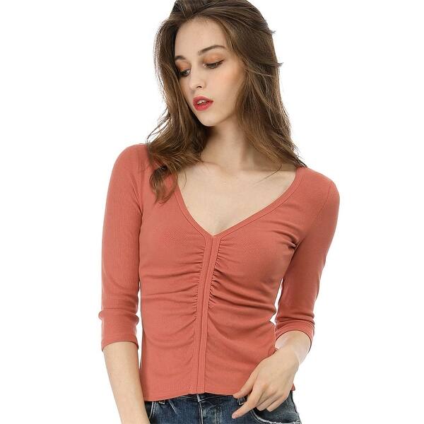 Shop Women S Deep V Neck 3 4 Sleeves Front Ruched Casual Fitted