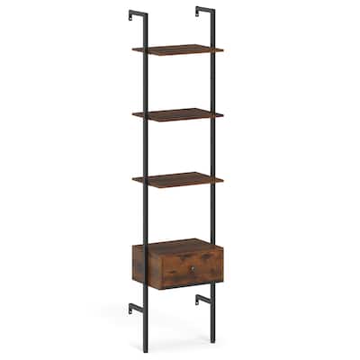 Rustic Brown Engineered Wood Ladder Bookshelf with Metal Drawer - Rustic Brown