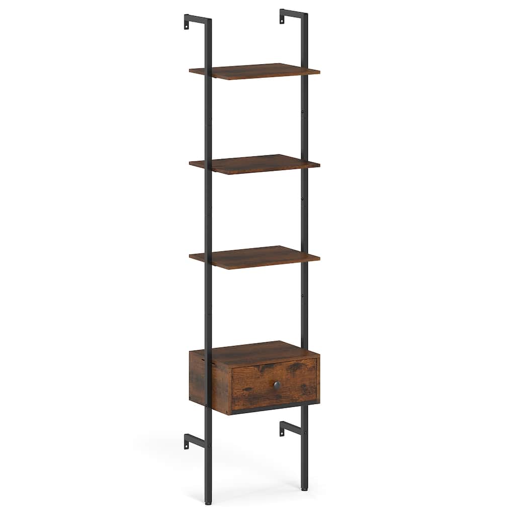 Rustic Brown Engineered Wood Ladder Bookshelf with Metal Drawer - Rustic Brown
