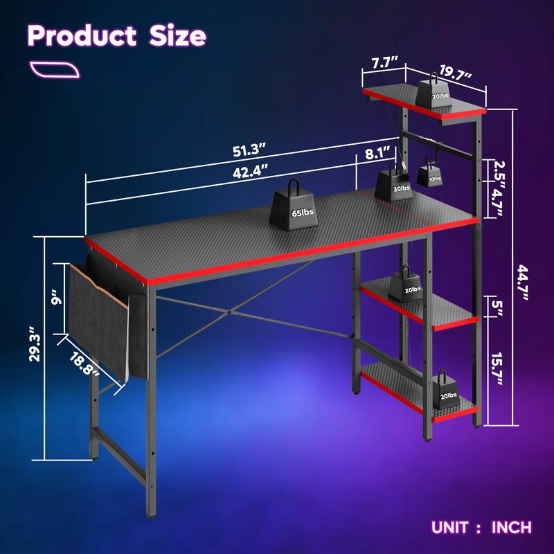 Computer Desk Home Office Desk with LED & Adjustable Shelves