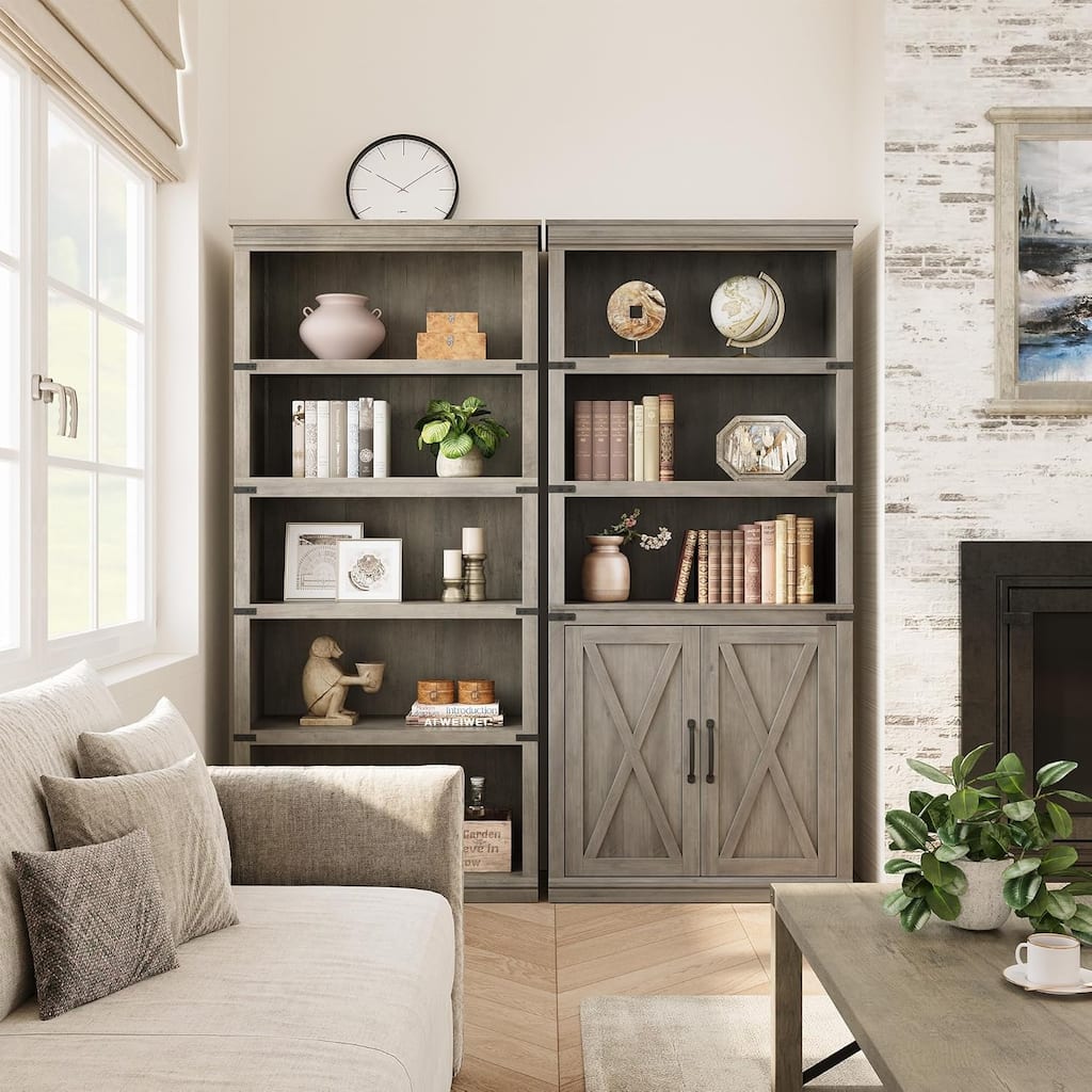 5 Tier Book Shelf, Farmhouse Book Case with Cabinet, Tall Book Shelf with Storage Doors