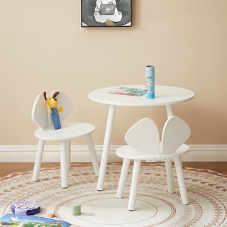 3 Pieces Kids Wood Table and Chair Set, Kids Round Play Table with 2 Chairs for Toddlers, Girls, Boys,White
