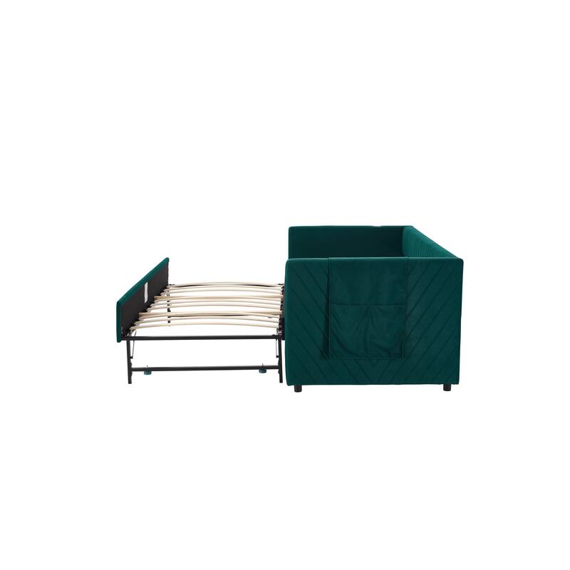 Twin Size Velvet Daybed with Trundle, USB Charging Port & Side Pockets, Modern Upholstered Sofa Bed with V-Pattern Backrest