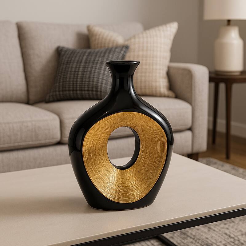 Modern Ceramic Textured Oval Cut-Out Vase - Home Decor - 13"