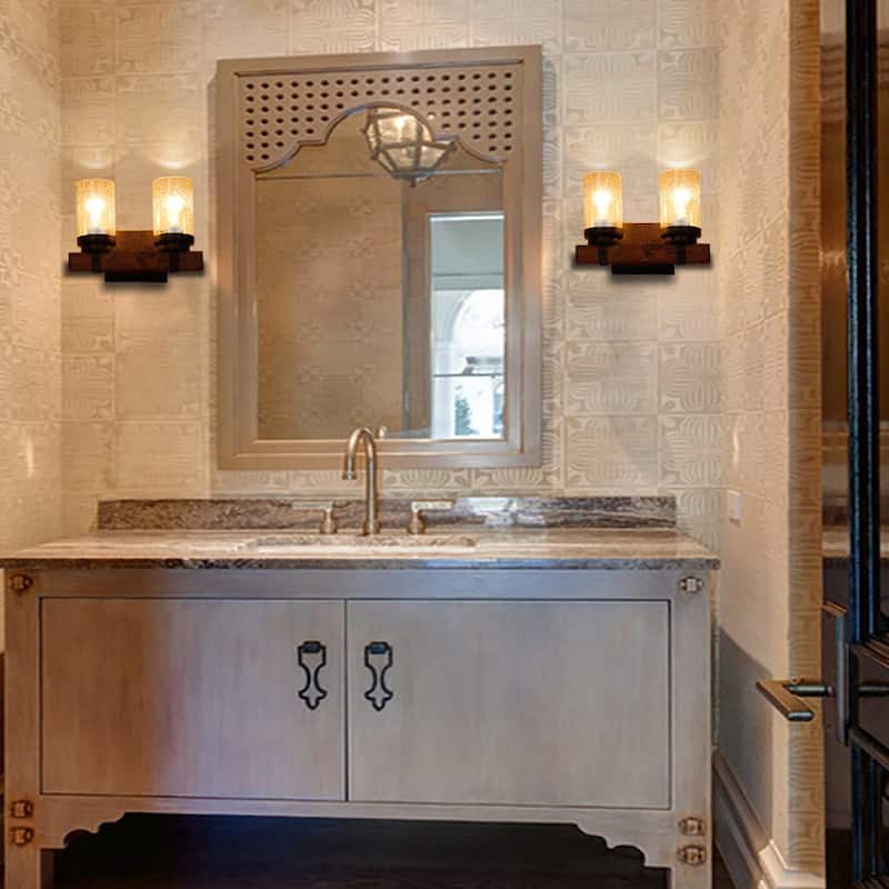 Anmytek Farmhouse Wall Sconce Light Fixtures Wood Metal 2-Light Bathroom Vanity Lights Over Mirror with Bubble Glass Shade