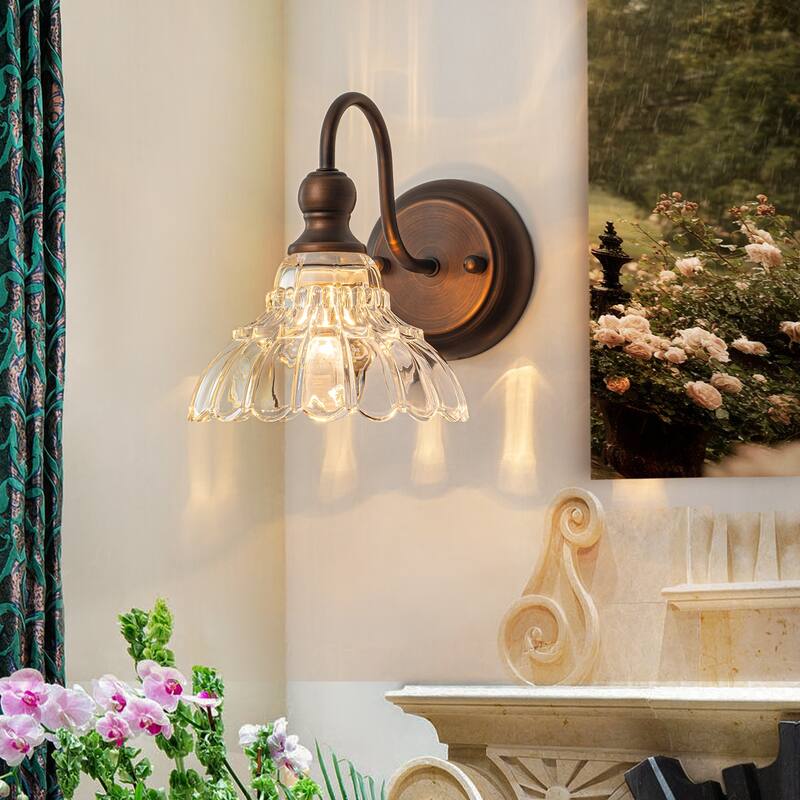1-Light Vintage Wall Sconce with Clear Trumpet Glass Shades - Antique Bronze